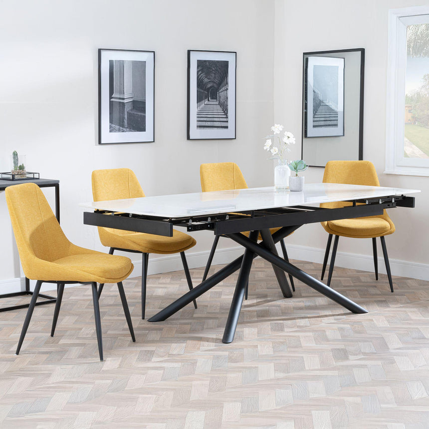 Apollo White Ceramic Extending Dining Set - Darwin Yellow Fabric Dining Chair-3