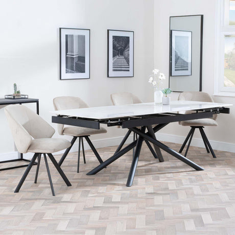 Apollo White Ceramic Extending Dining Set - Ion Beige Velvet Fabric Swivel Dining Chair