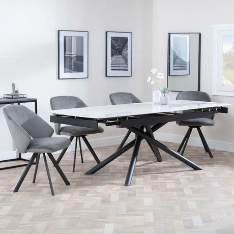 Apollo White Ceramic Extending Dining Set - Ion Dark Grey Velvet Fabric Swivel Dining Chair-4