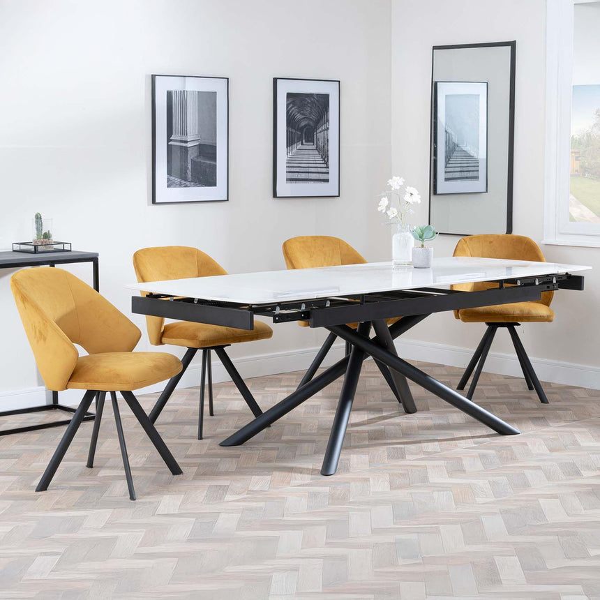 Apollo White Ceramic Extending Dining Set - Ion Mustard Velvet Fabric Swivel Dining Chair