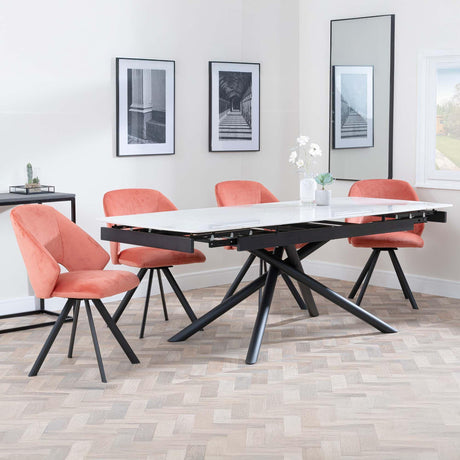 Apollo White Ceramic Extending Dining Set - Ion Orange Velvet Fabric Swivel Dining Chair-2