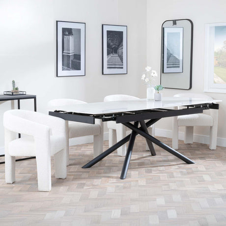 Apollo White Ceramic Extending Dining Set - Kiefer Cream Boucle Fabric Dining Chair