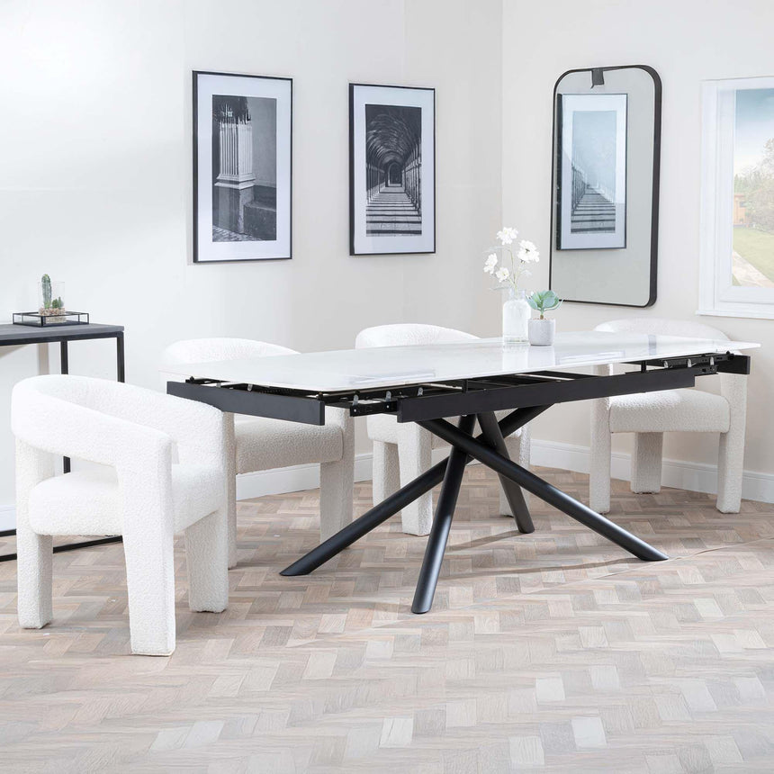Apollo White Ceramic Extending Dining Set - Kiefer Cream Boucle Fabric Dining Chair