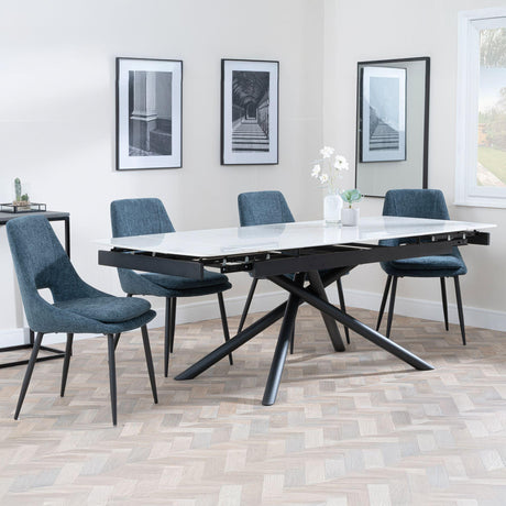 Apollo White Ceramic Extending Dining Set - Peyton Blue Fabric Dining Chair
