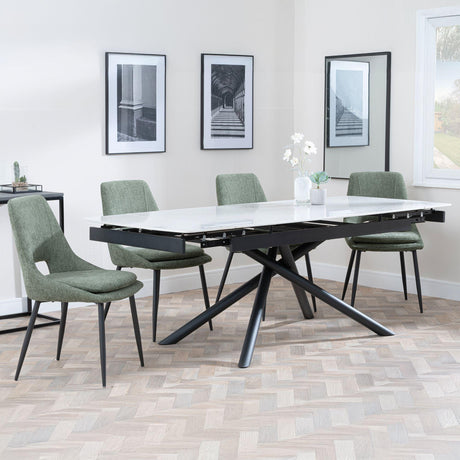Apollo White Ceramic Extending Dining Set - Peyton Green Fabric Dining Chair-2