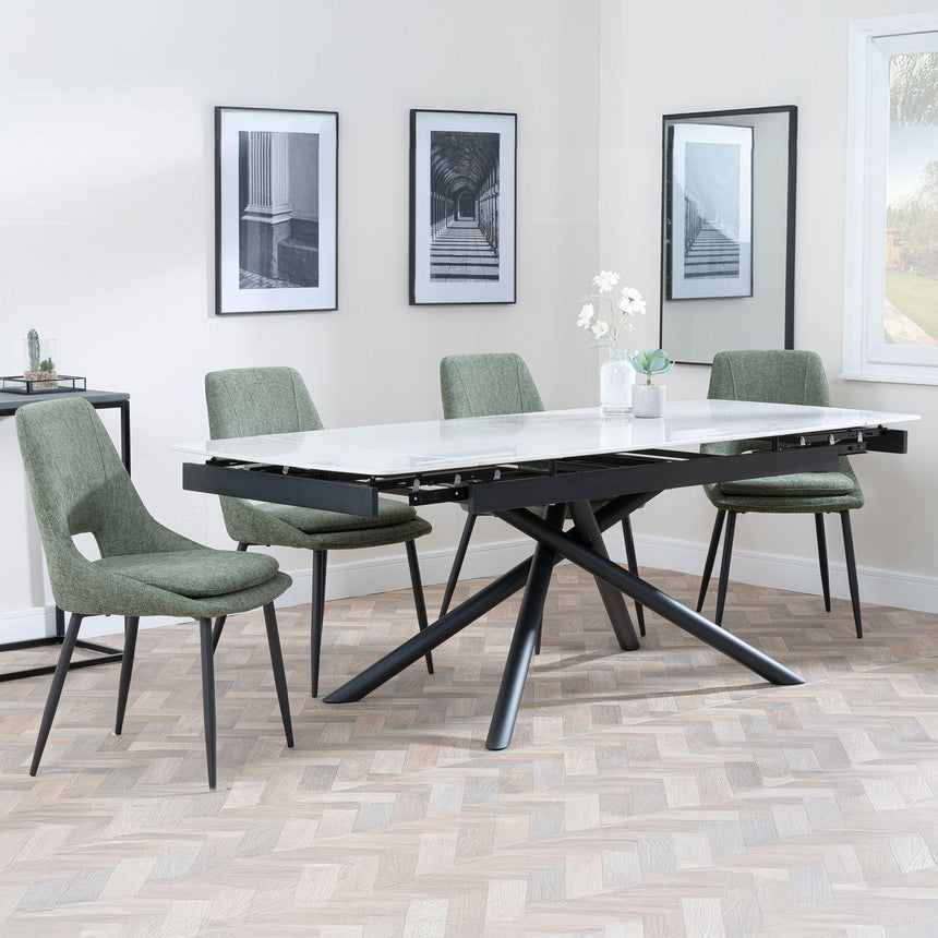 Apollo White Ceramic Extending Dining Set - Peyton Green Fabric Dining Chair-2