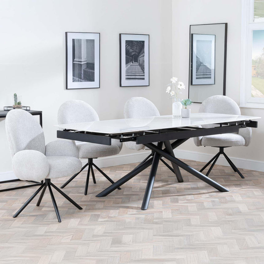 Apollo White Ceramic Extending Dining Set - Theo Grey Fabric Swivel Dining Chair