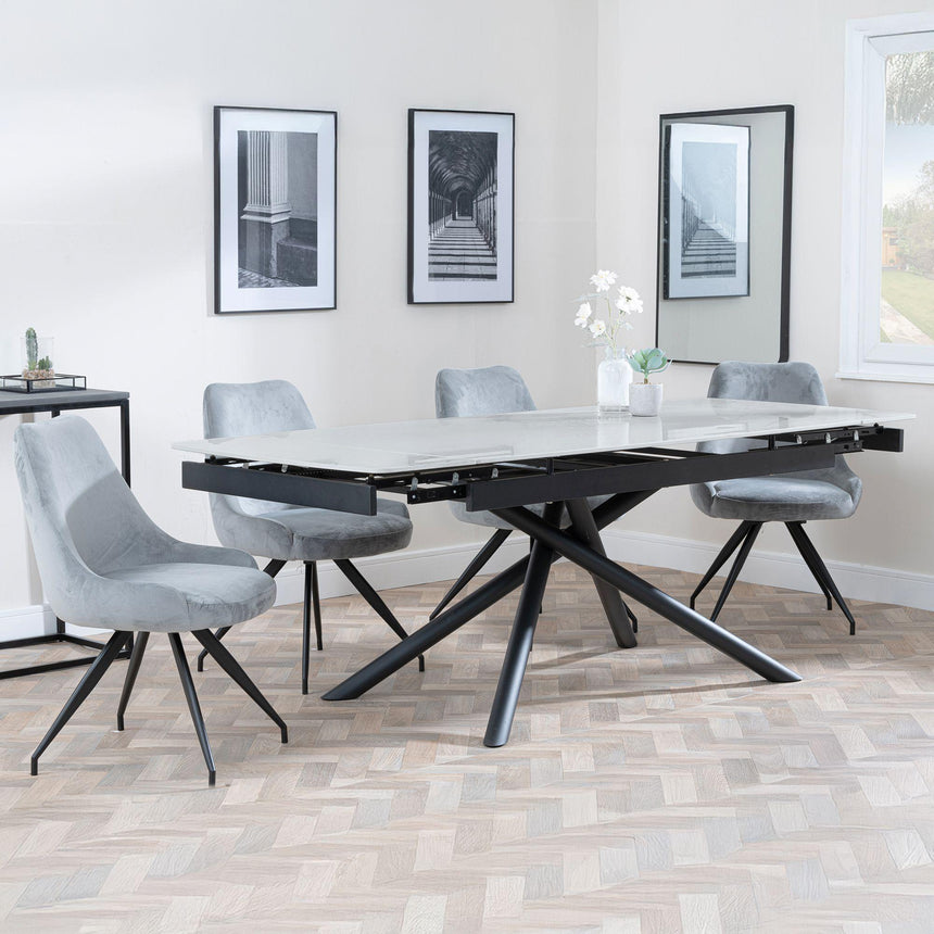 Apollo Grey Ceramic Extending Dining Set - Arctic Grey Velvet Fabric Swivel Dining Chair-3