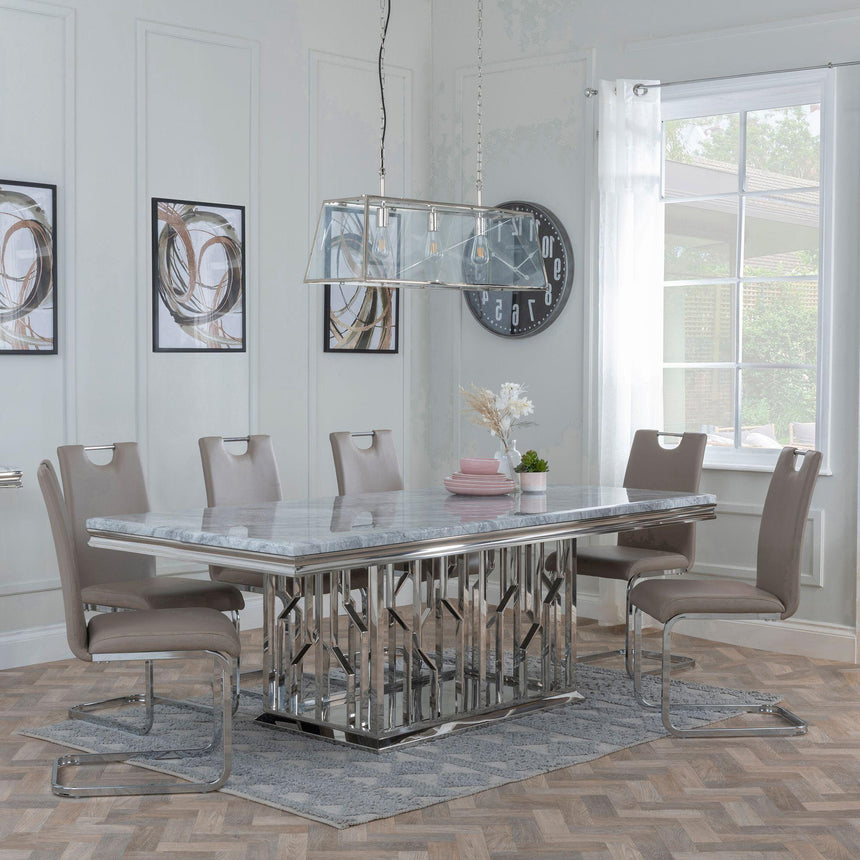 Vortex Grey Marble and Chrome Dining Set - Bianco Beige Faux Leather Dining Chair-3