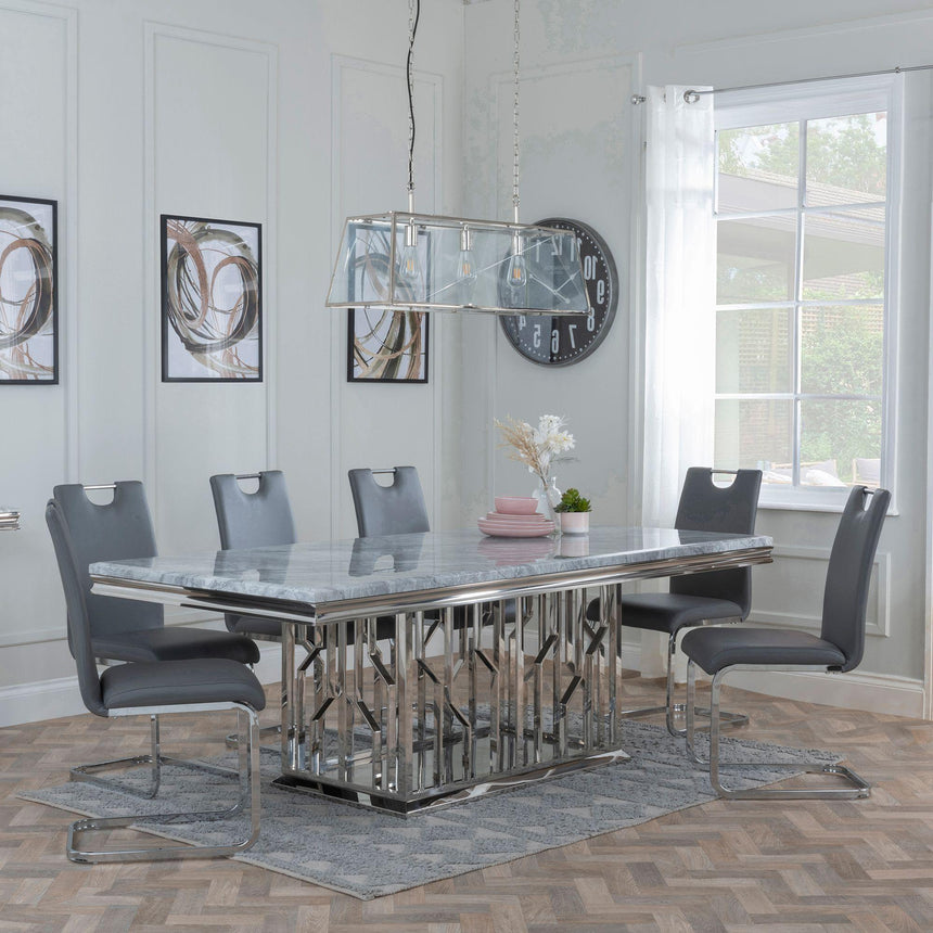 Vortex Grey Marble and Chrome Dining Set - Bianco Grey Faux Leather Dining Chair-2