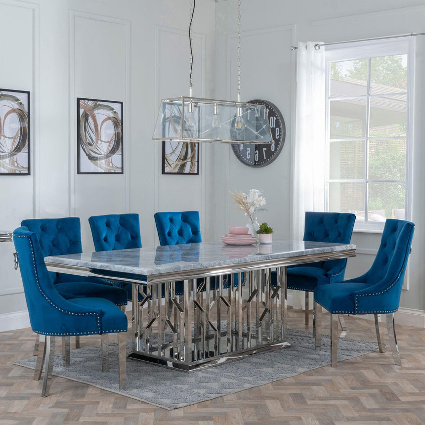 Verona Grey Marble and Chrome Dining Set - Knocker Back Velvet Fabric Dining Chair with Chrome Legs