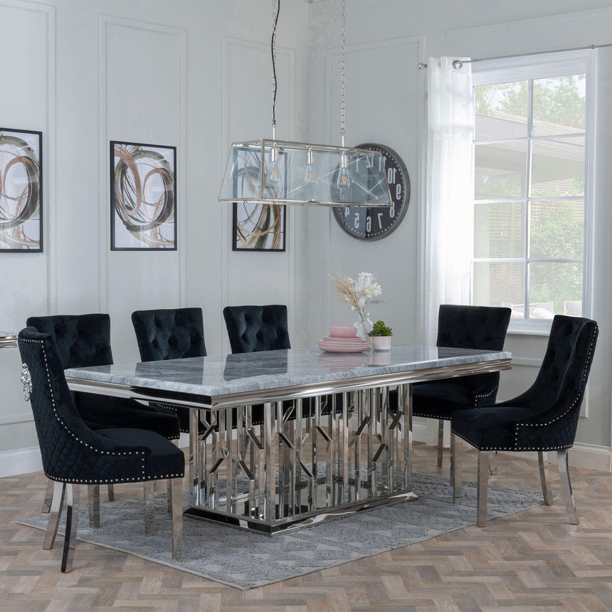 Vortex Grey Marble and Chrome Dining Set - Lion Knocker Back Black Velvet Fabric Dining Chair with Chrome Legs-3