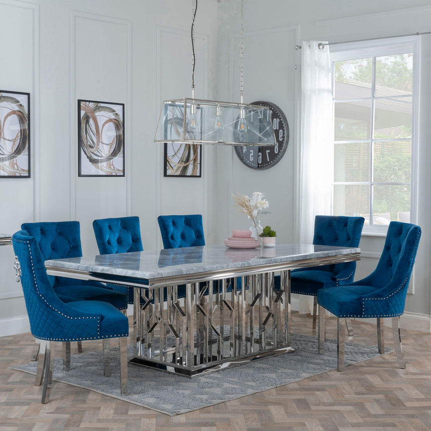 Verona Grey Marble and Chrome Dining Set - Lion Knocker Back Velvet Fabric Dining Chair with Chrome Legs