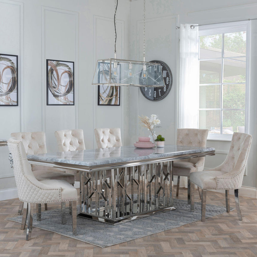 Vortex Grey Marble and Chrome Dining Set - Lion Knocker Back Champagne Velvet Fabric Dining Chair with Chrome Legs-2
