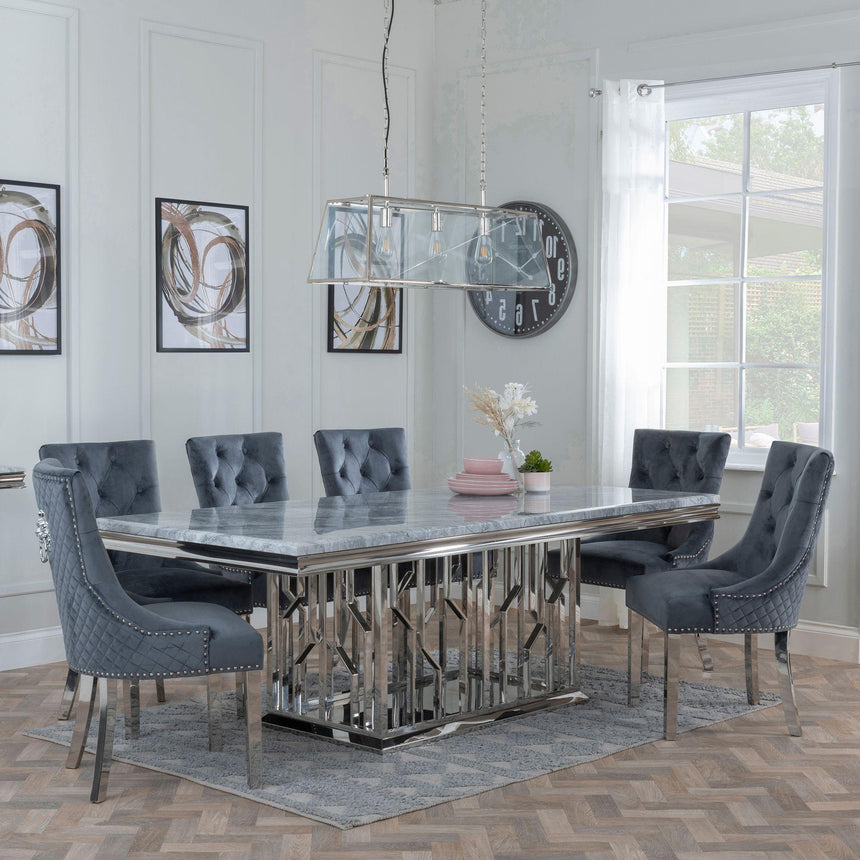 Vortex Grey Marble and Chrome Dining Set - Lion Knocker Back Grey Velvet Fabric Dining Chair with Chrome Legs-4