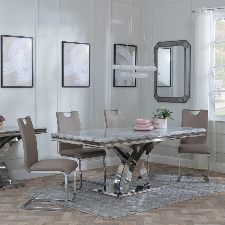 Lisbon Grey Marble and Chrome Dining Set - Bianco Beige Faux Leather Dining Chair-3