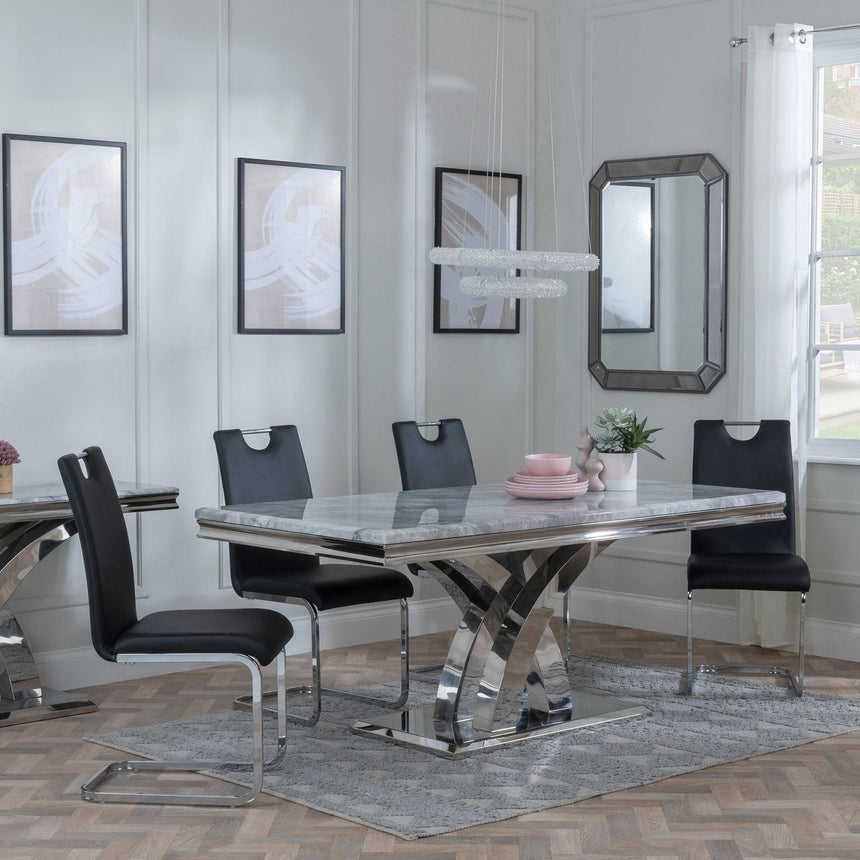 Lisbon Grey Marble and Chrome Dining Set - Bianco Black Faux Leather Dining Chair-2