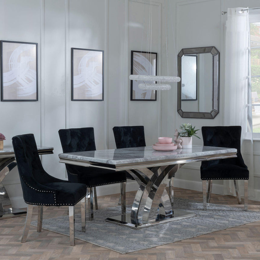 Lisbon Grey Marble and Chrome Dining Set - Knocker Back Black Velvet Fabric Dining Chair with Chrome Legs-2