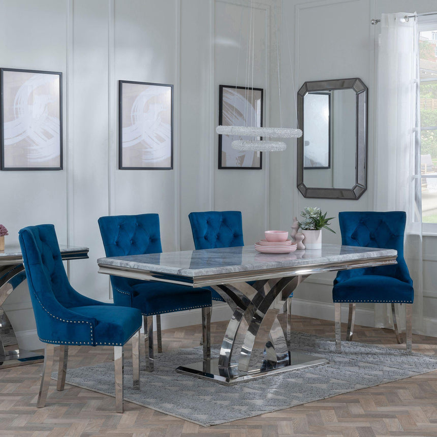 Palermo Grey Marble and Chrome Dining Set - Knocker Back Blue Velvet Fabric Dining Chair with Chrome Legs