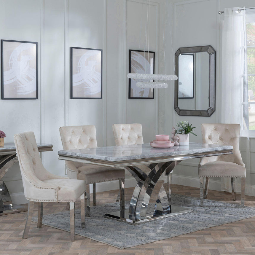 Lisbon Grey Marble and Chrome Dining Set - Knocker Back Champagne Velvet Fabric Dining Chair with Chrome Legs-4