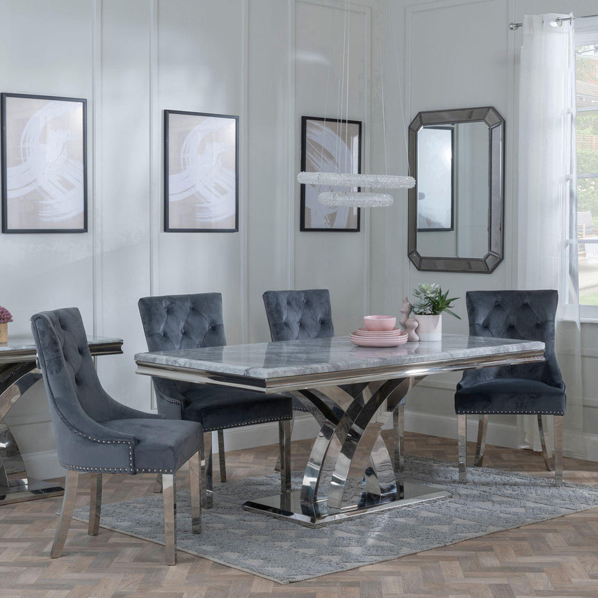 Lisbon Grey Marble and Chrome Dining Set - Knocker Back Grey Velvet Fabric Dining Chair with Chrome Legs-3