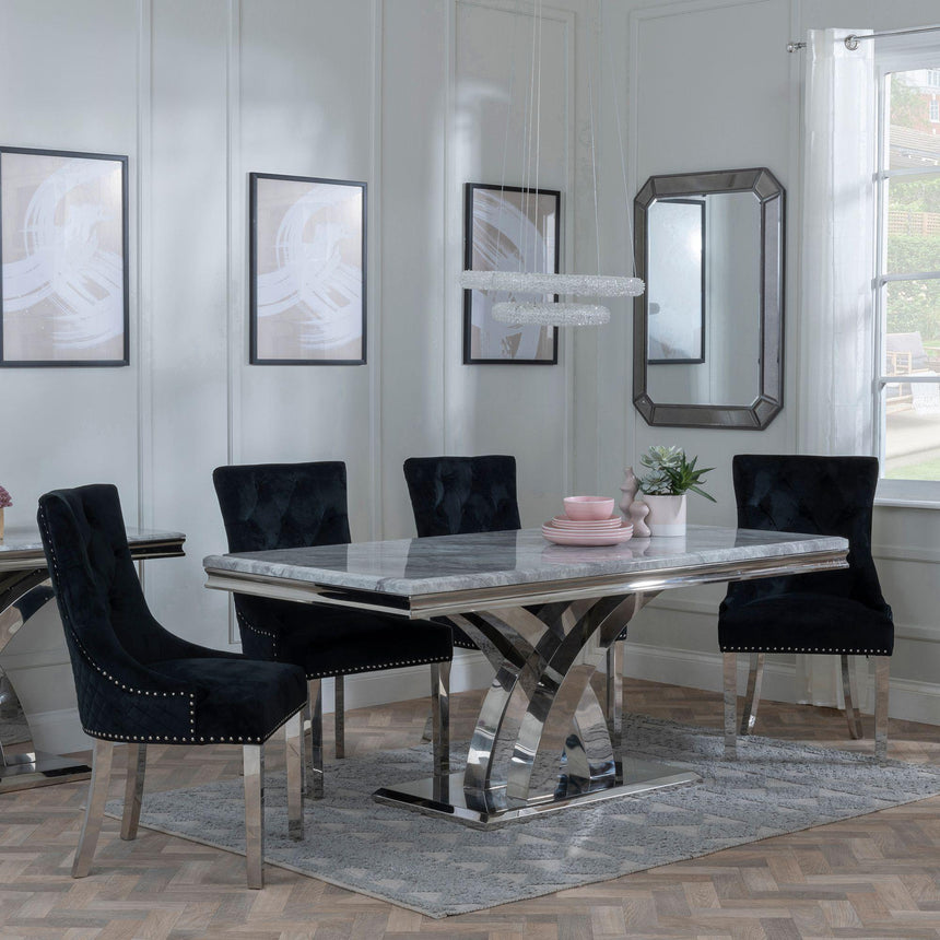 Palermo Grey Marble and Chrome Dining Set - Lion Knocker Back Velvet Fabric Dining Chair with Chrome Legs