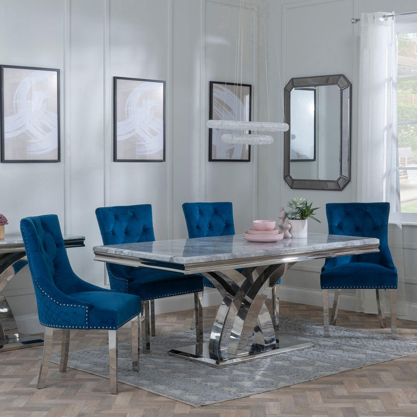 Lisbon Grey Marble and Chrome Dining Set - Lion Knocker Back Blue Velvet Fabric Dining Chair with Chrome Legs-3