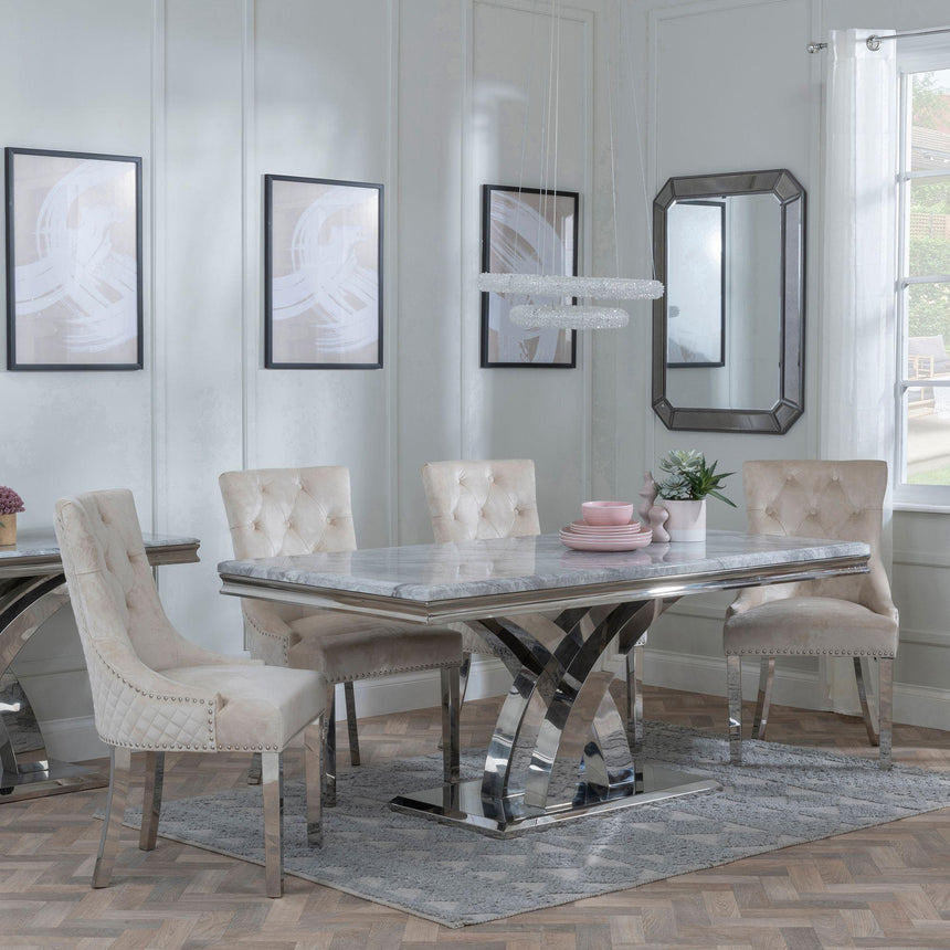 Palermo Grey Marble and Chrome Dining Set - Lion Knocker Back Velvet Fabric Dining Chair with Chrome Legs