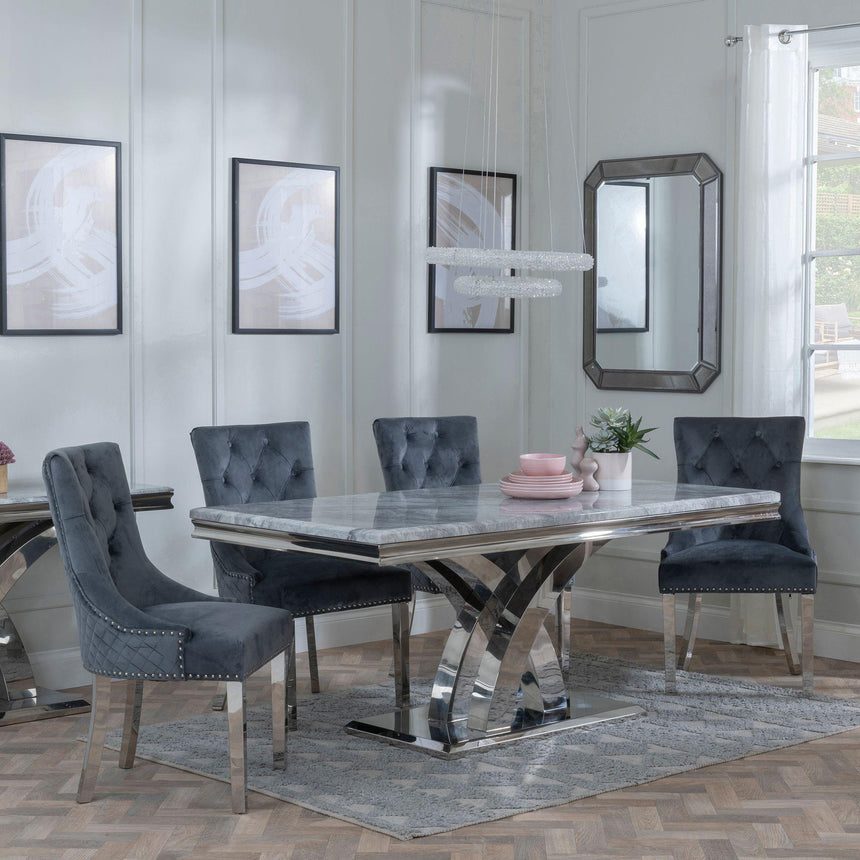 Lisbon Grey Marble and Chrome Dining Set - Lion Knocker Back Grey Velvet Fabric Dining Chair with Chrome Legs-4