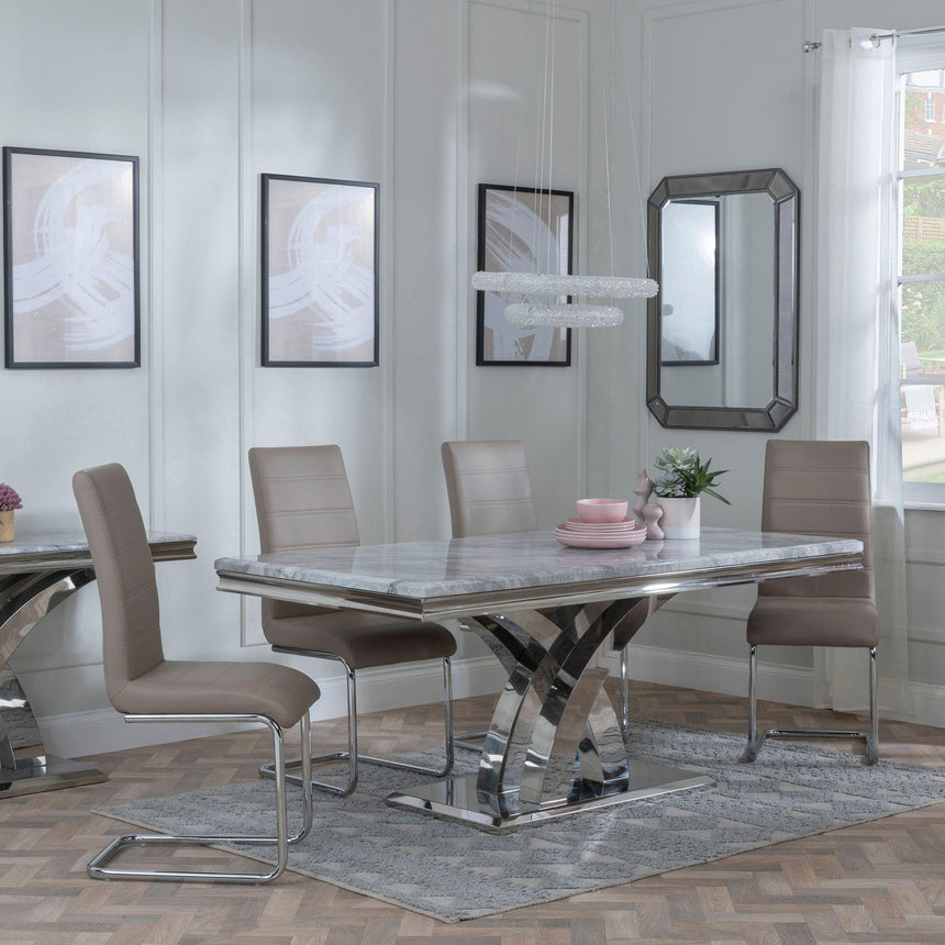 Lisbon Grey Marble and Chrome Dining Set - Roma Beige Faux Leather Dining Chair-2