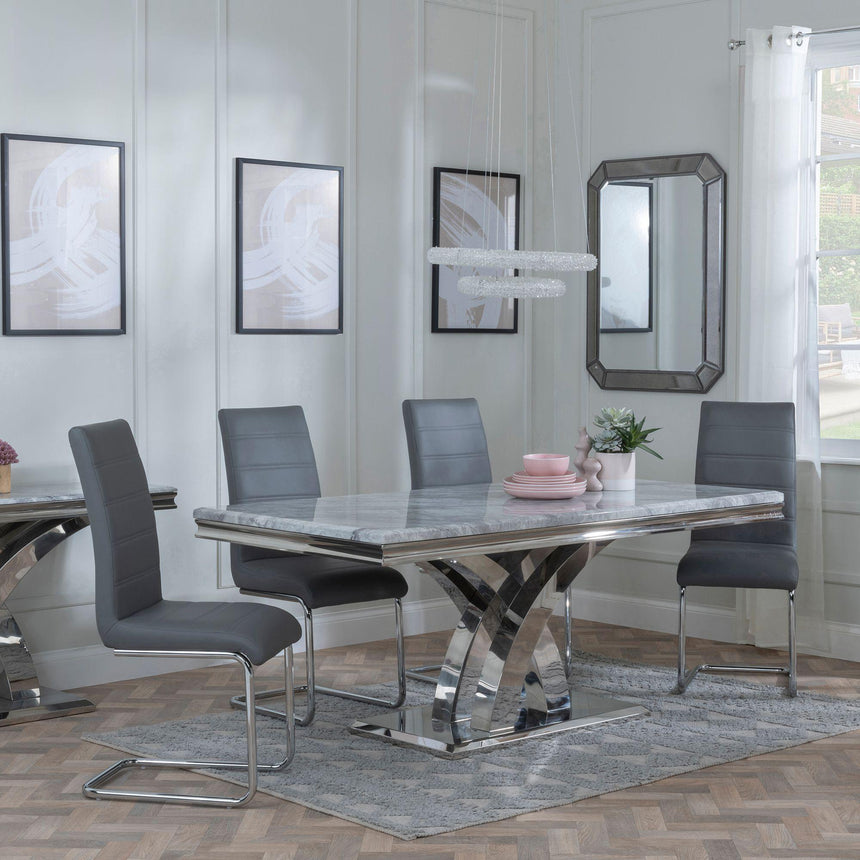 Lisbon Grey Marble and Chrome Dining Set - Roma Grey Faux Leather Dining Chair-3