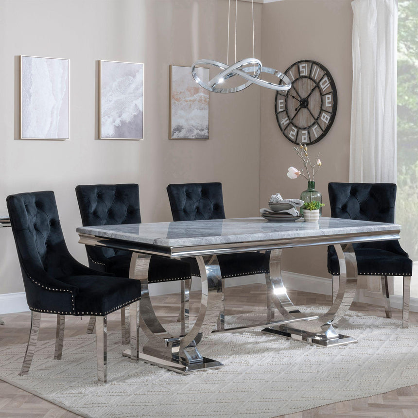 Glacier Grey Marble and Chrome Dining Set - Knocker Back Black Velvet Fabric Dining Chair with Chrome Legs-2