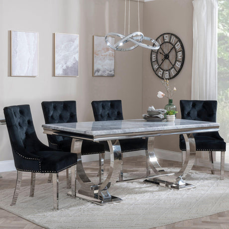 Glacier Grey Marble and Chrome Dining Set - Knocker Back Black Velvet Fabric Dining Chair with Chrome Legs-3