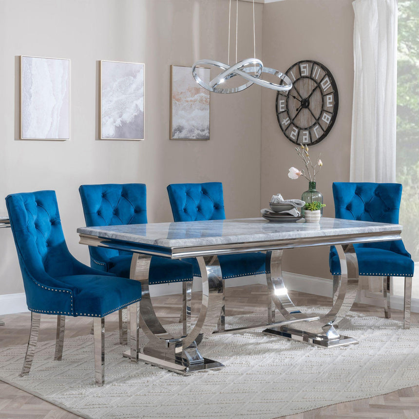 Seattle Grey Marble and Chrome Dining Set - Knocker Back Velvet Fabric Dining Chair with Chrome Legs
