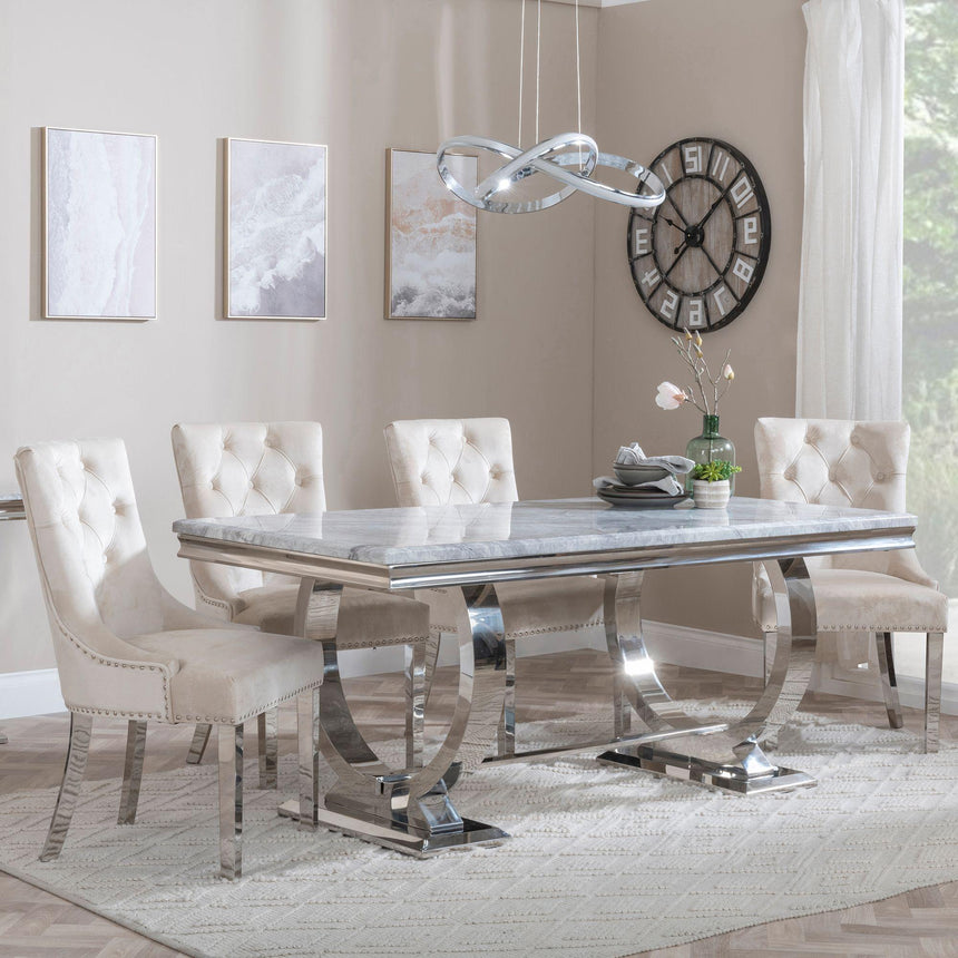 Glacier Grey Marble and Chrome Dining Set - Knocker Back Champagne Velvet Fabric Dining Chair with Chrome Legs-4
