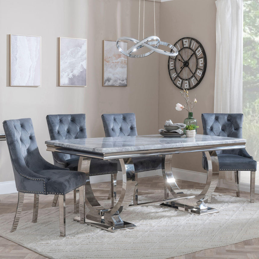Glacier Grey Marble and Chrome Dining Set - Knocker Back Grey Velvet Fabric Dining Chair with Chrome Legs-3