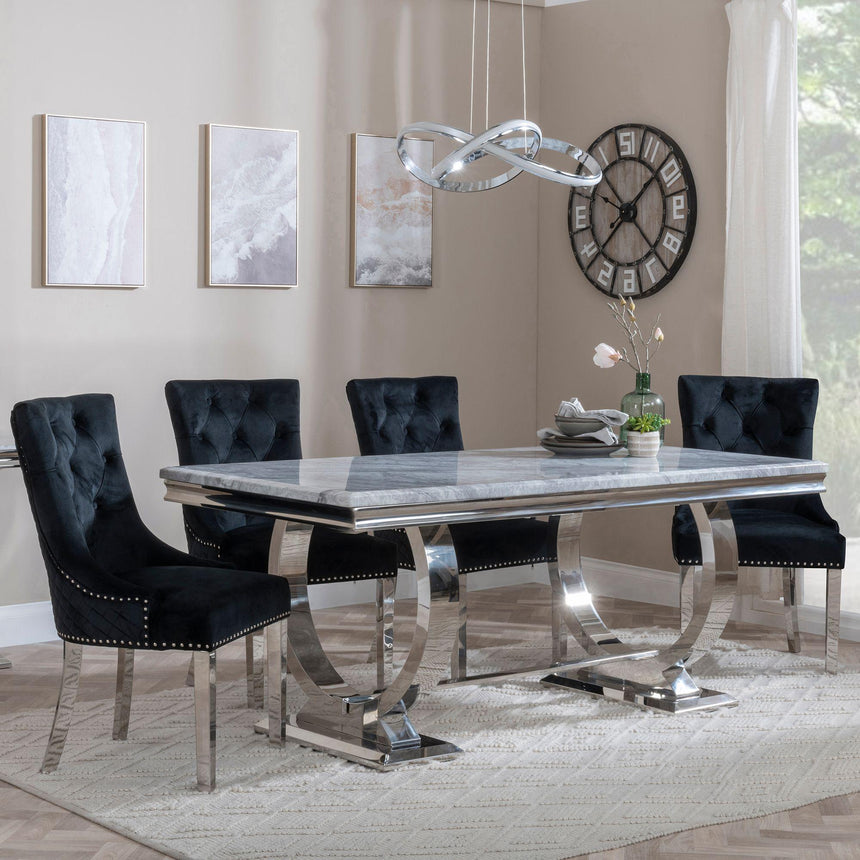 Glacier Grey Marble and Chrome Dining Set - Lion Knocker Back Black Velvet Fabric Dining Chair with Chrome Legs-2