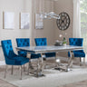 Glacier Grey Marble and Chrome Dining Set - Lion Knocker Back Blue Velvet Fabric Dining Chair with Chrome Legs-3