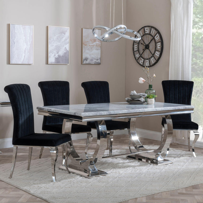 Glacier Grey Marble and Chrome Dining Set - Louis Black Velvet Fabric Dining Chair-2