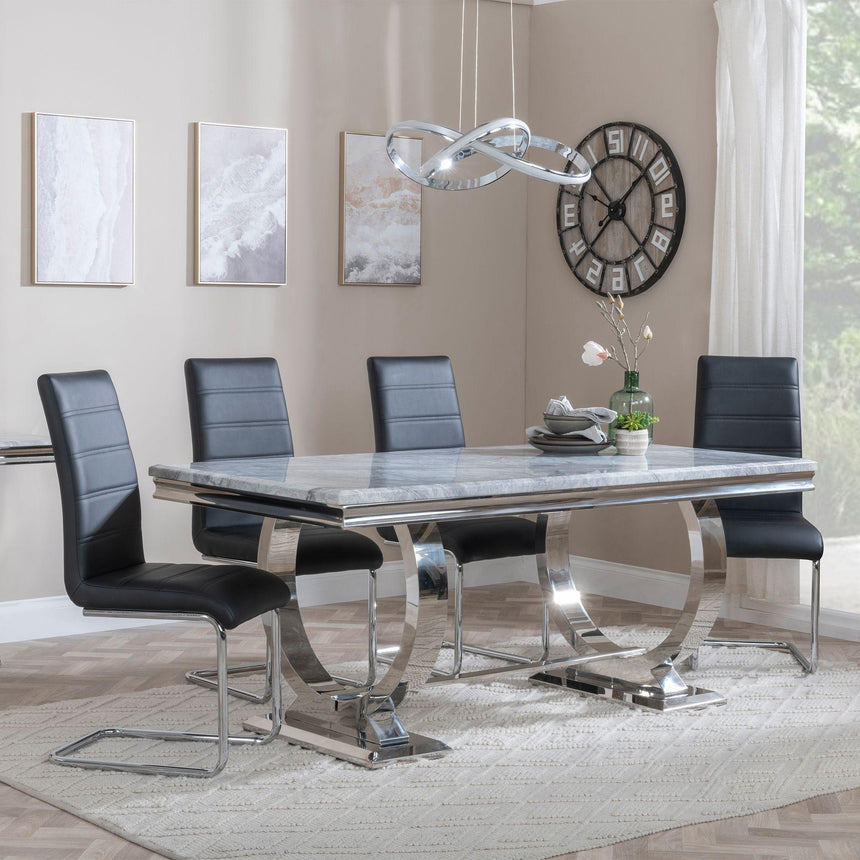 Glacier Grey Marble and Chrome Dining Set - Roma Black Faux Leather Dining Chair-3