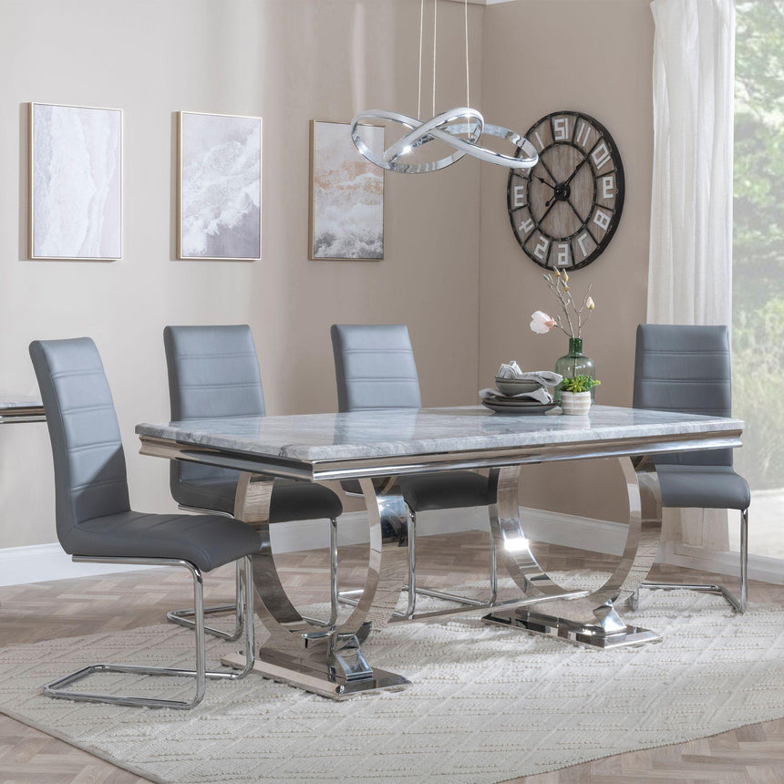 Glacier Grey Marble and Chrome Dining Set - Roma Grey Faux Leather Dining Chair-2