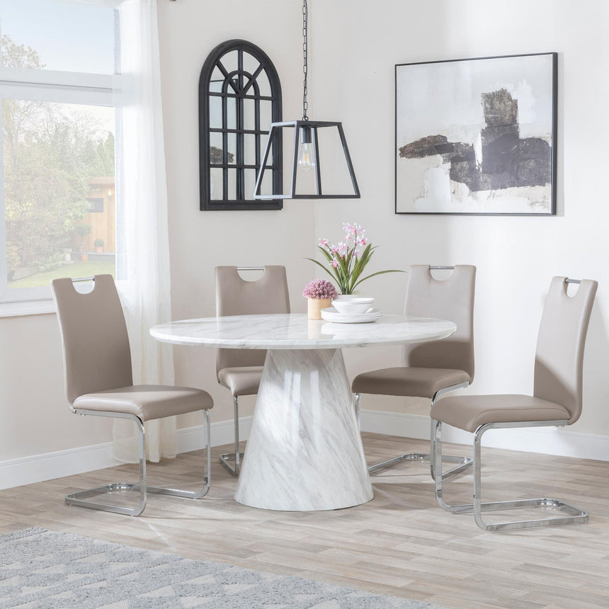 Carrera 4 Seater White Marble Round Dining Set - 4 Bianco Beige Faux Leather Dining Chair-3