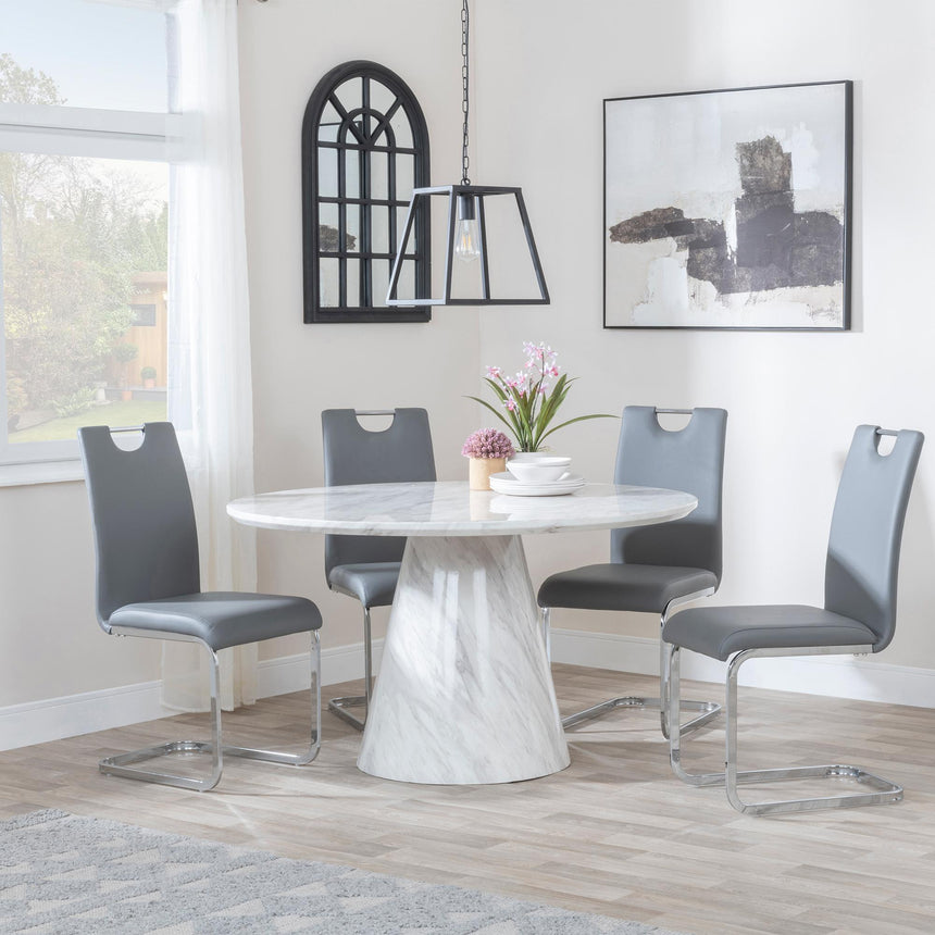 Carrera 4 Seater White Marble Round Dining Set - 4 Bianco Grey Faux Leather Dining Chair-3