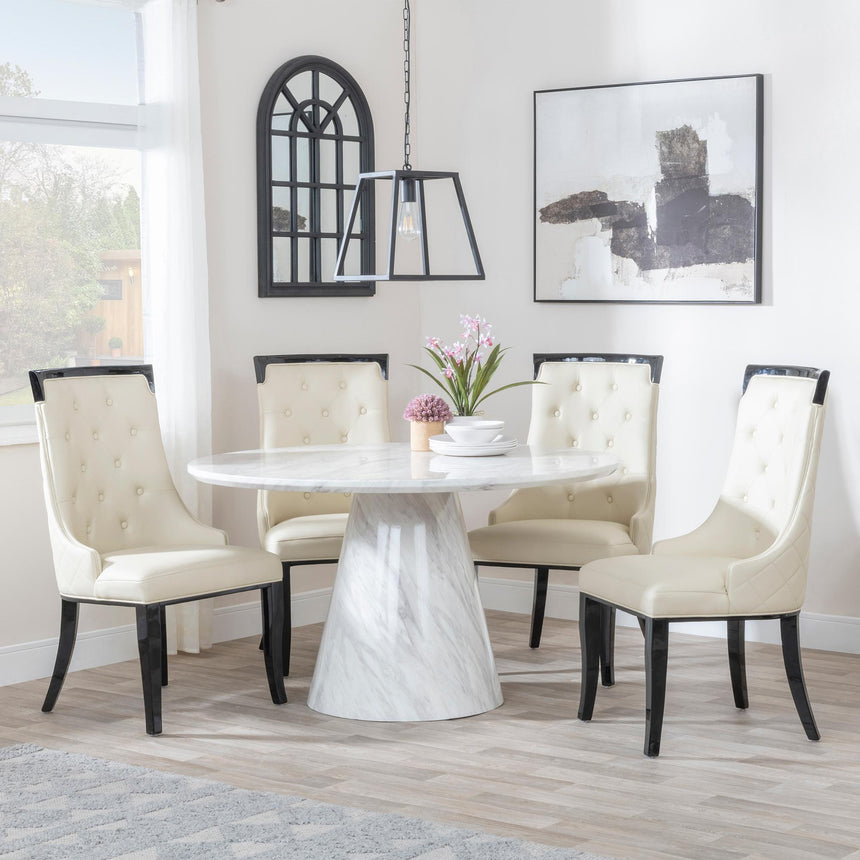 Carrera 4 Seater White Marble Round Dining Set - 4 Carmela Cream Leather Dining Chair-3