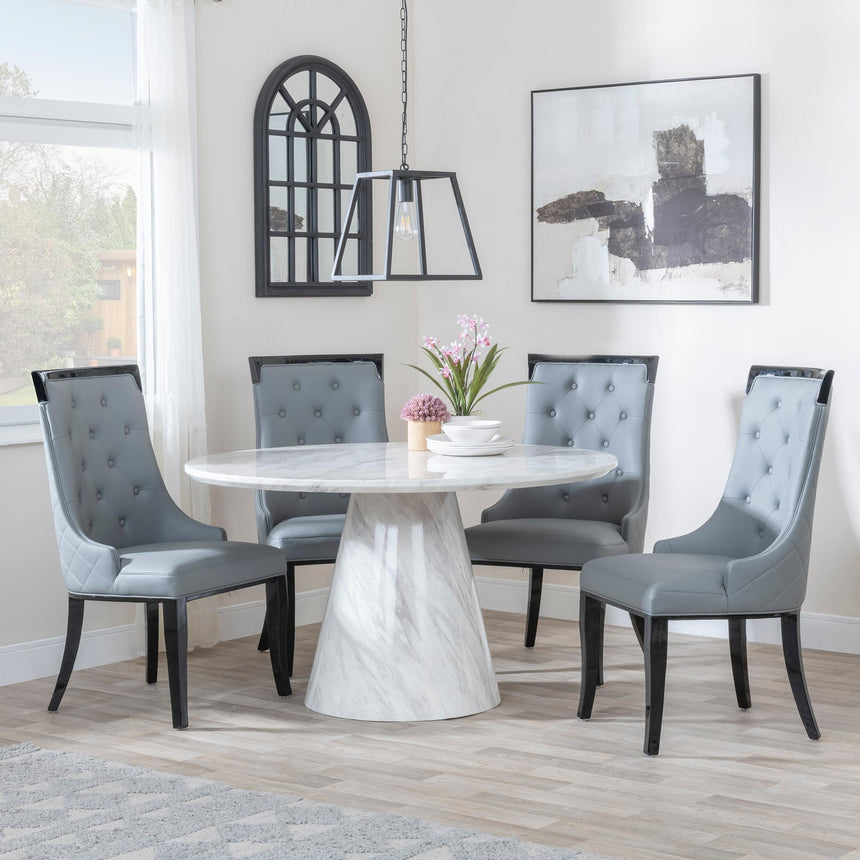 Carrera 4 Seater White Marble Round Dining Set - 4 Carmela Grey Leather Dining Chair-2