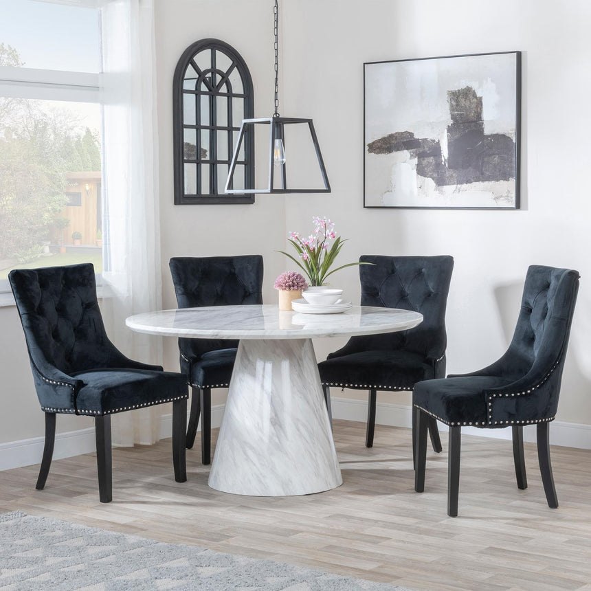 Carrera 4 Seater White Marble Round Dining Set - 4 Knocker Back Black Velvet Fabric Dining Chair with Black Wooden Legs-2
