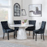 Carrera 4 Seater White Marble Round Dining Set - 4 Knocker Back Black Velvet Fabric Dining Chair with Black Wooden Legs-2