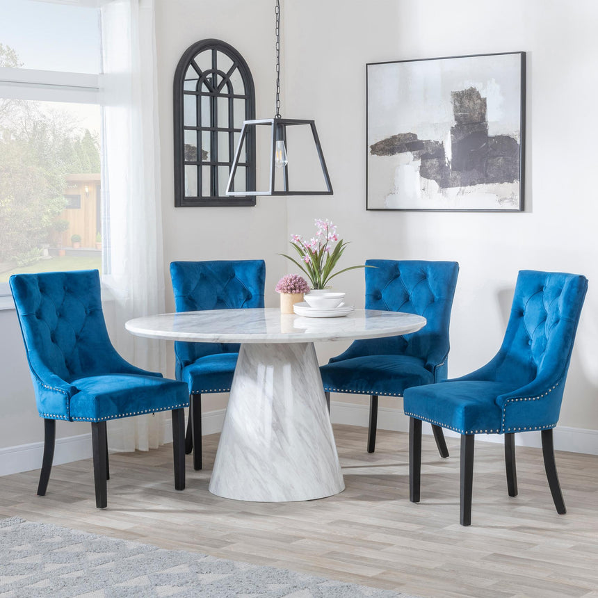 Carrera 4 Seater White Marble Round Dining Set - 4 Knocker Back Blue Velvet Fabric Dining Chair with Black Wooden Legs-3
