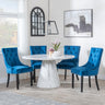Carrera 4 Seater White Marble Round Dining Set - 4 Knocker Back Blue Velvet Fabric Dining Chair with Black Wooden Legs-3