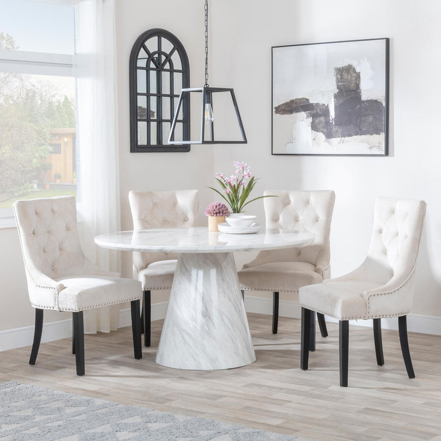 Carrera 4 Seater White Marble Round Dining Set - 4 Knocker Back Champagne Velvet Fabric Dining Chair with Black Wooden Legs-4